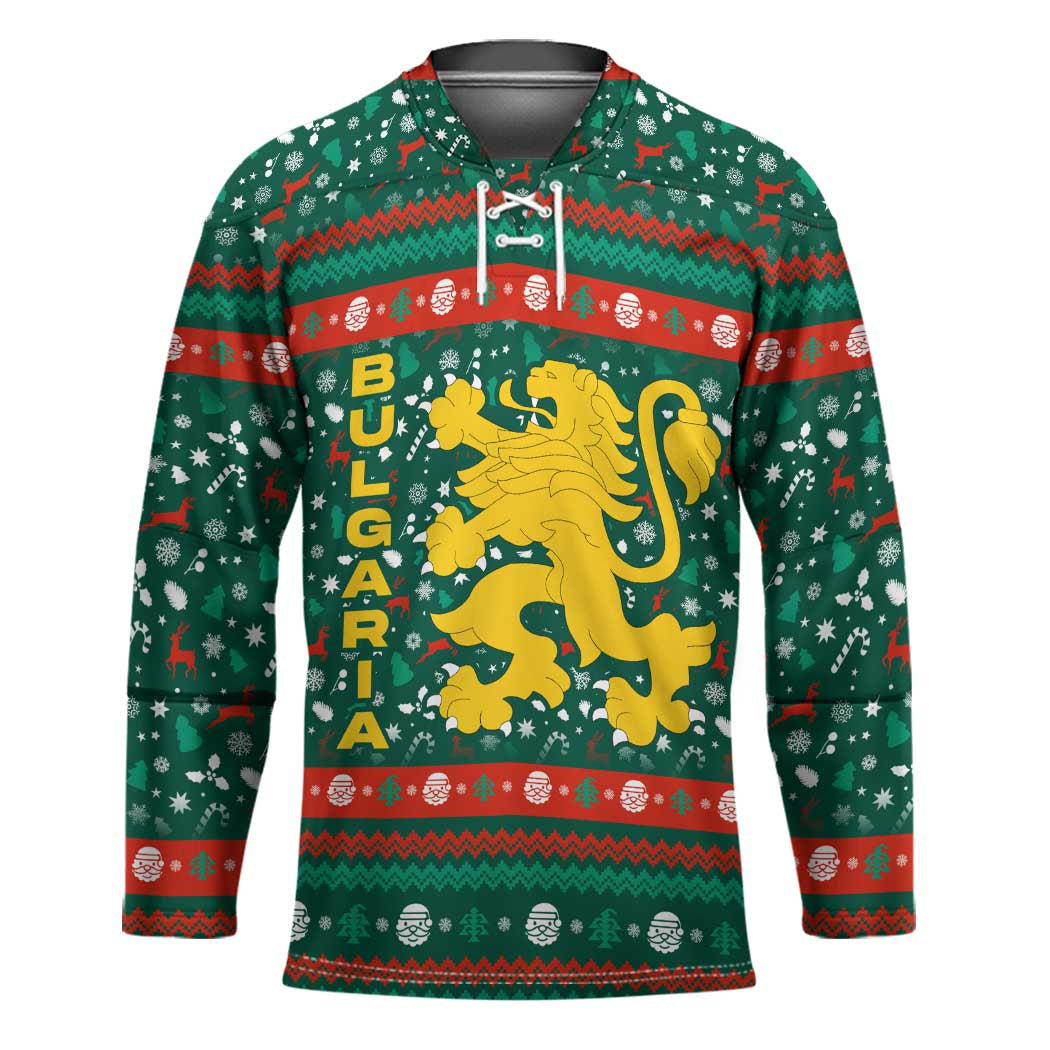Bulgaria Christmas Hockey Jersey with Green-Red Theme, Golden Lion, and Santa Sleigh Motif - Wonder Print Shop