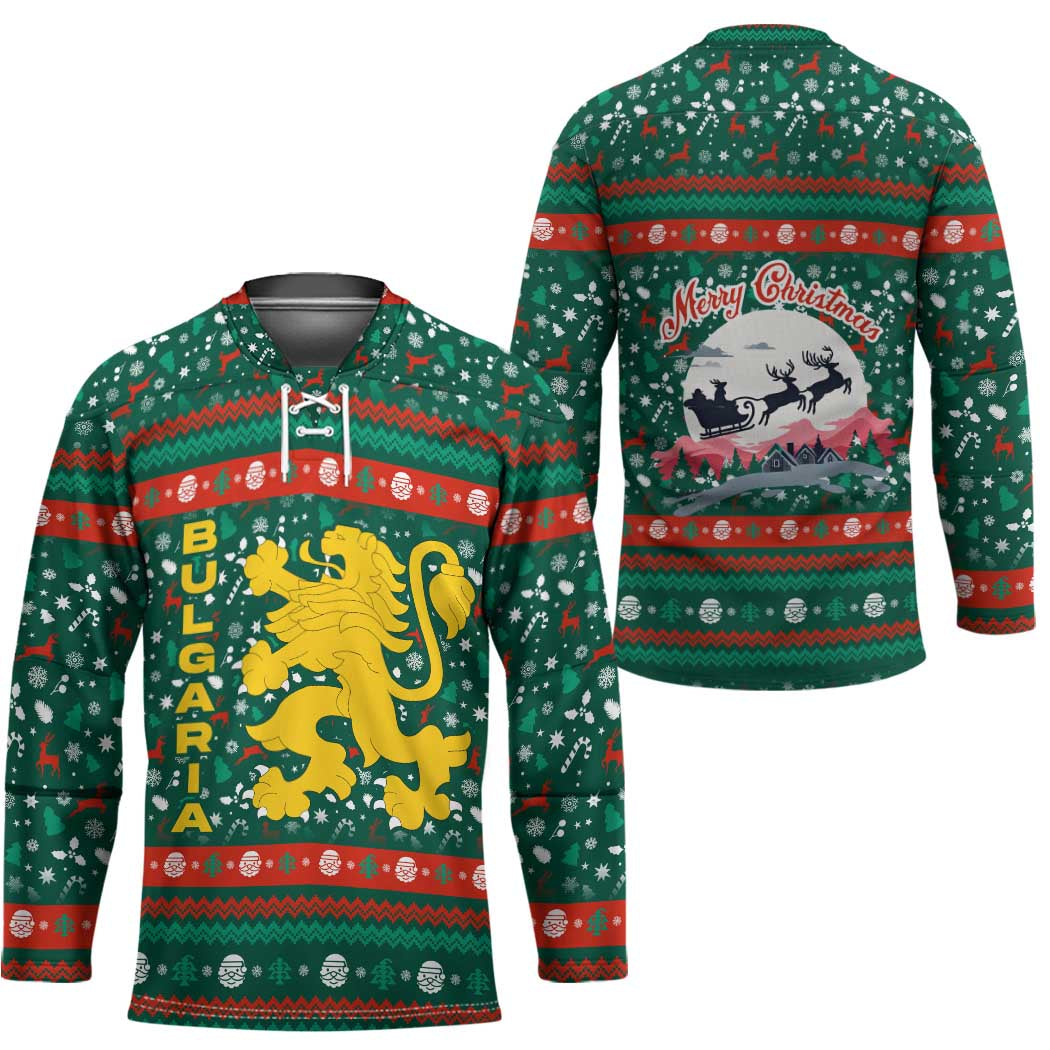 Bulgaria Christmas Hockey Jersey with Green-Red Theme, Golden Lion, and Santa Sleigh Motif - Wonder Print Shop