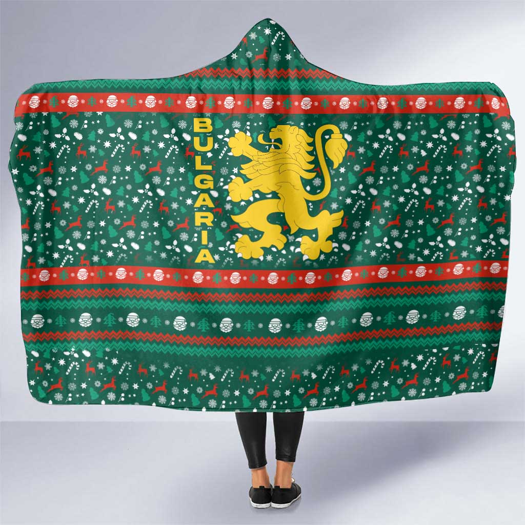 Bulgaria Christmas Hooded Blanket with Green-Red Theme, Golden Lion, and Santa Sleigh Motif - Wonder Print Shop