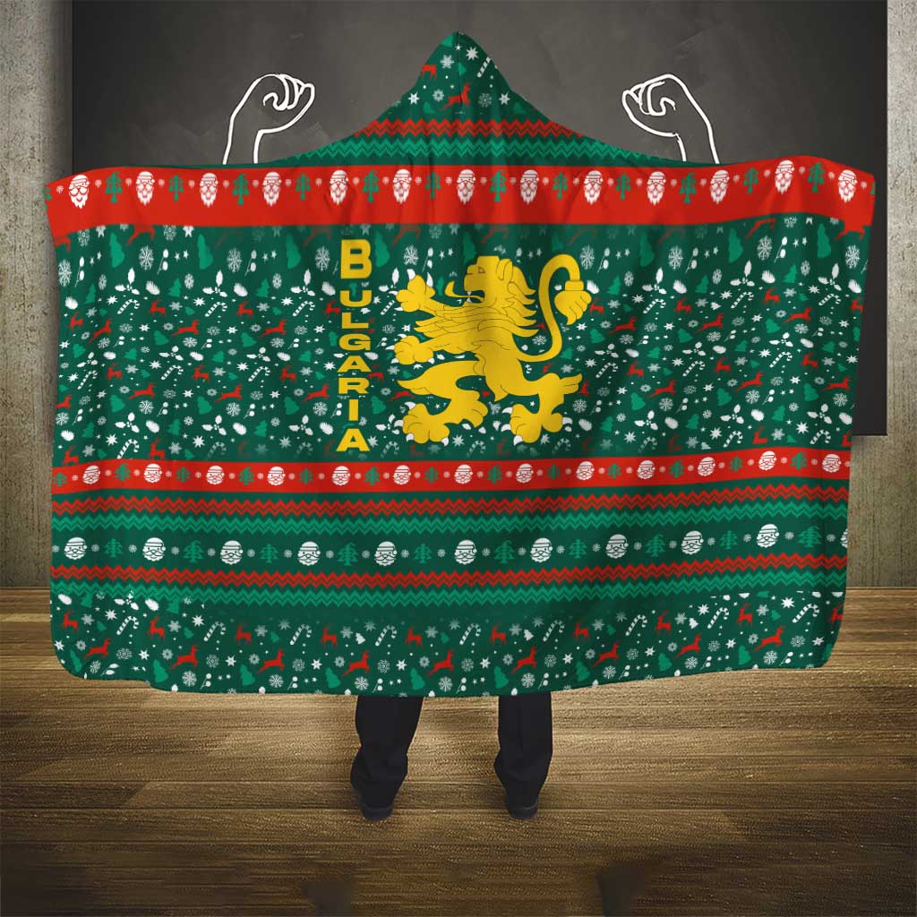 Bulgaria Christmas Hooded Blanket with Green-Red Theme, Golden Lion, and Santa Sleigh Motif - Wonder Print Shop