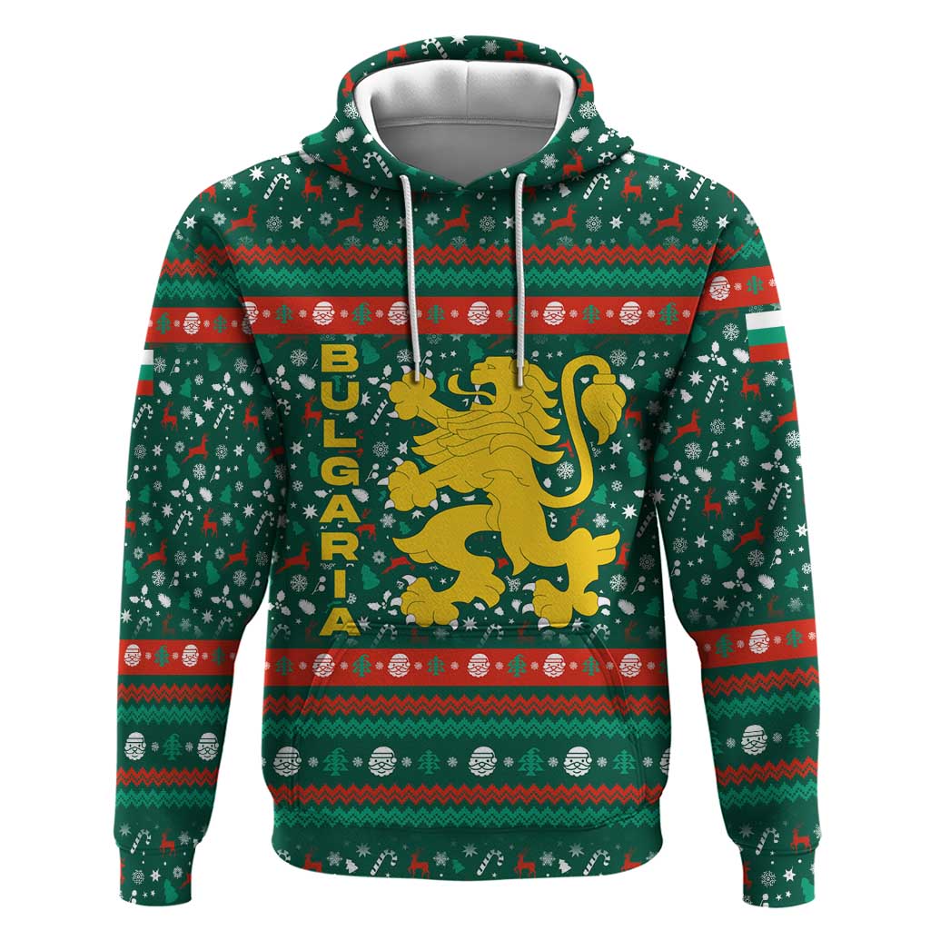 Bulgaria Christmas Hoodie with Green-Red Theme, Golden Lion, and Santa Sleigh Motif - Wonder Print Shop