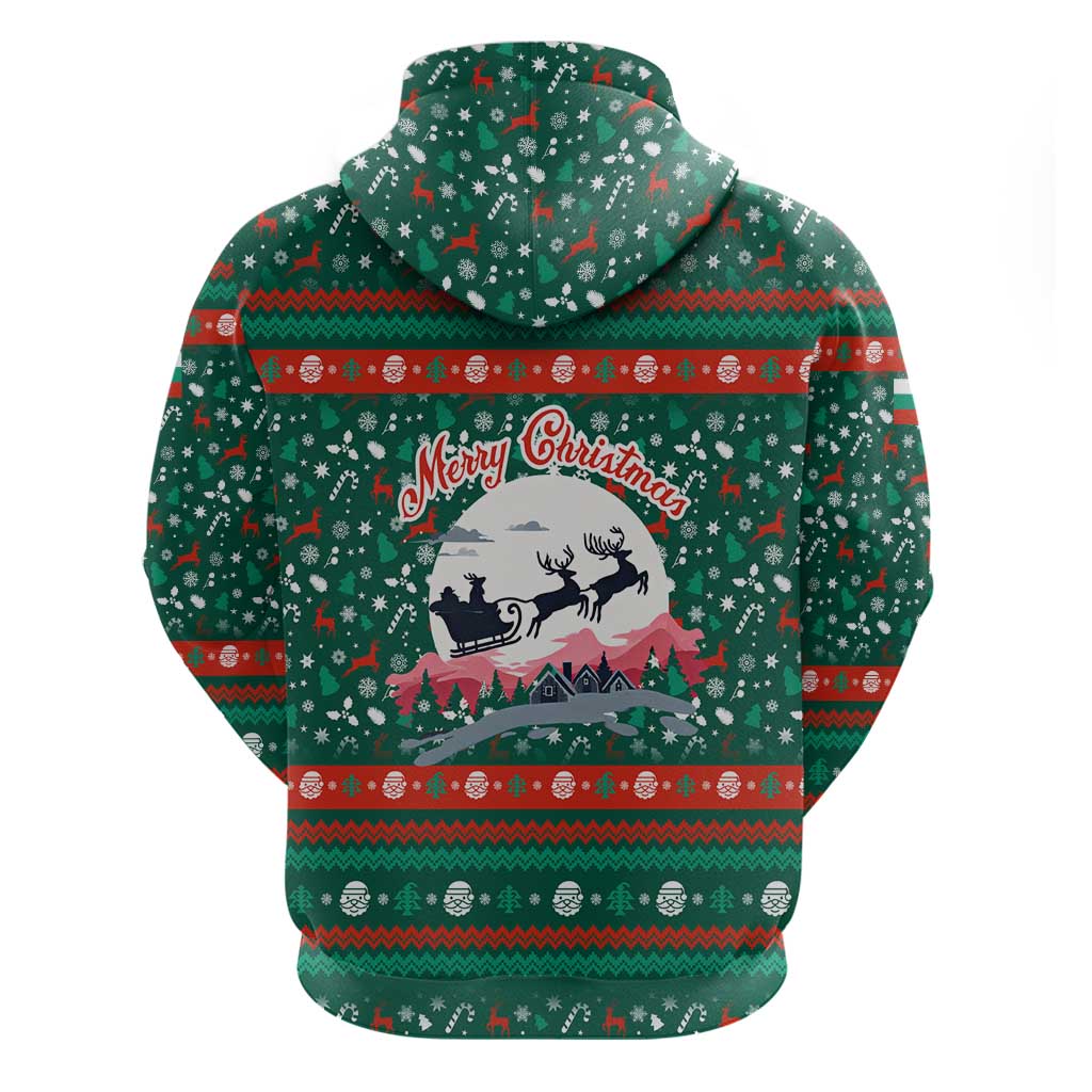 Bulgaria Christmas Hoodie with Green-Red Theme, Golden Lion, and Santa Sleigh Motif - Wonder Print Shop