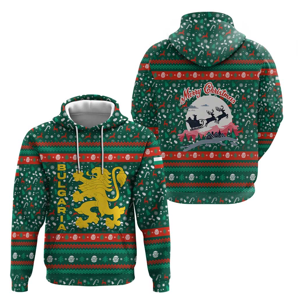 Bulgaria Christmas Hoodie with Green-Red Theme, Golden Lion, and Santa Sleigh Motif - Wonder Print Shop