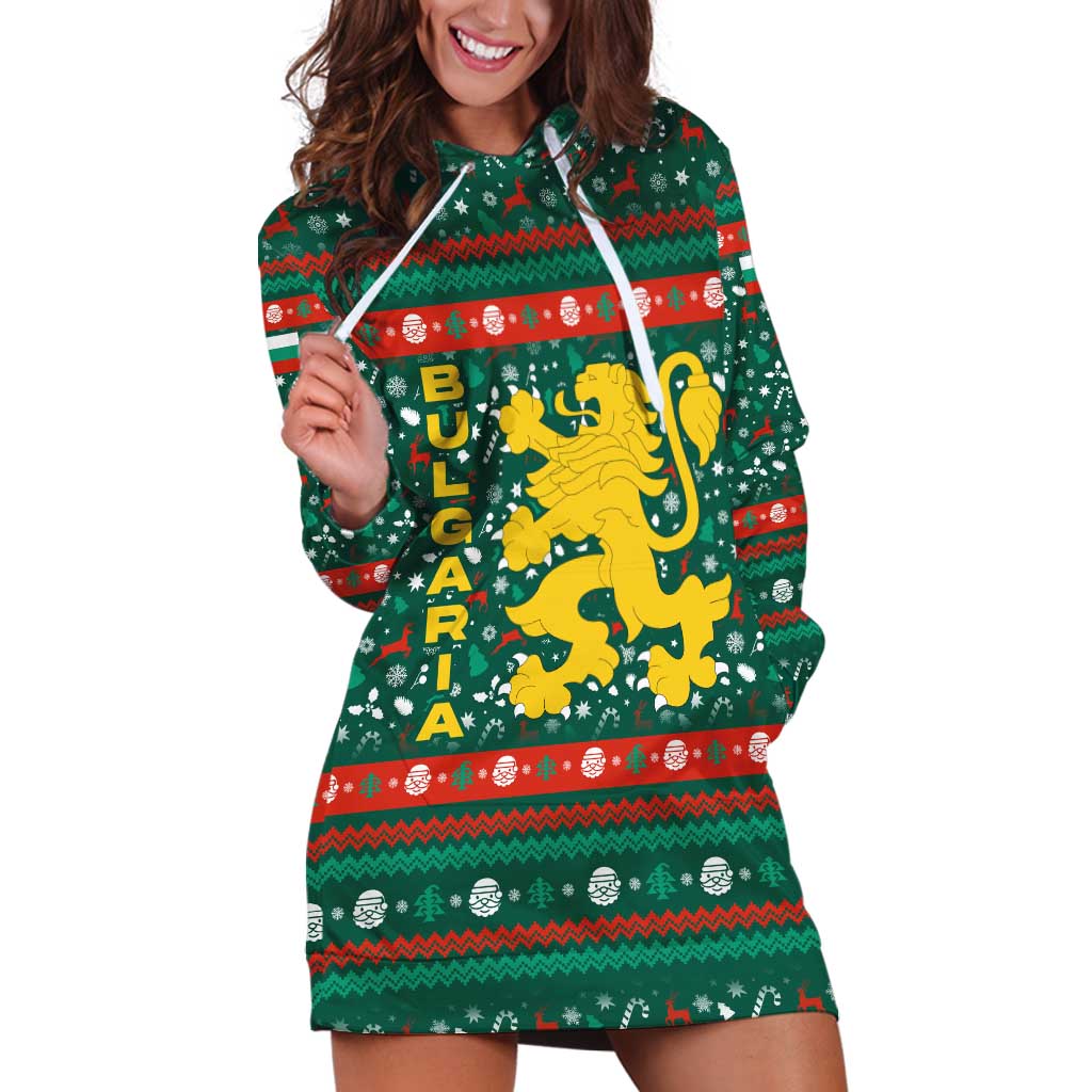 Bulgaria Christmas Hoodie Dress with Green-Red Theme, Golden Lion, and Santa Sleigh Motif - Wonder Print Shop