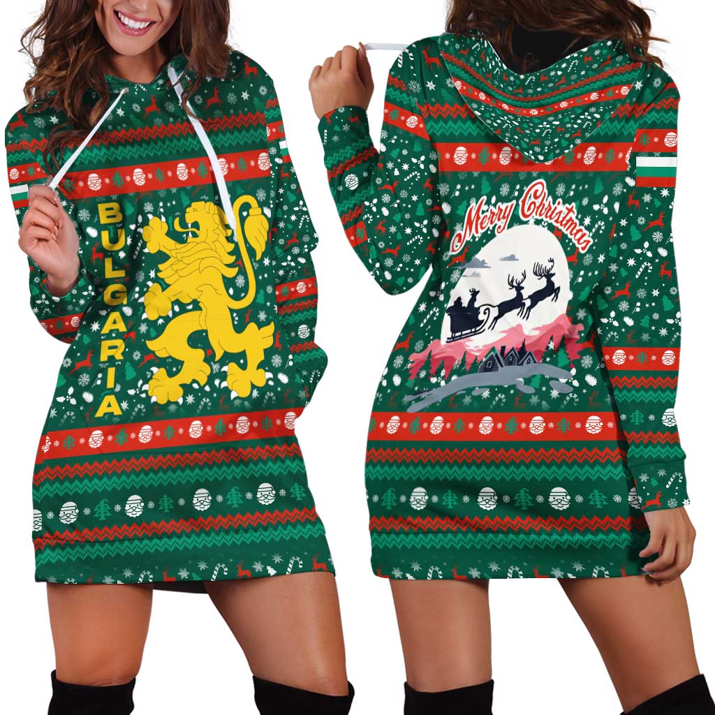 Bulgaria Christmas Hoodie Dress with Green-Red Theme, Golden Lion, and Santa Sleigh Motif - Wonder Print Shop