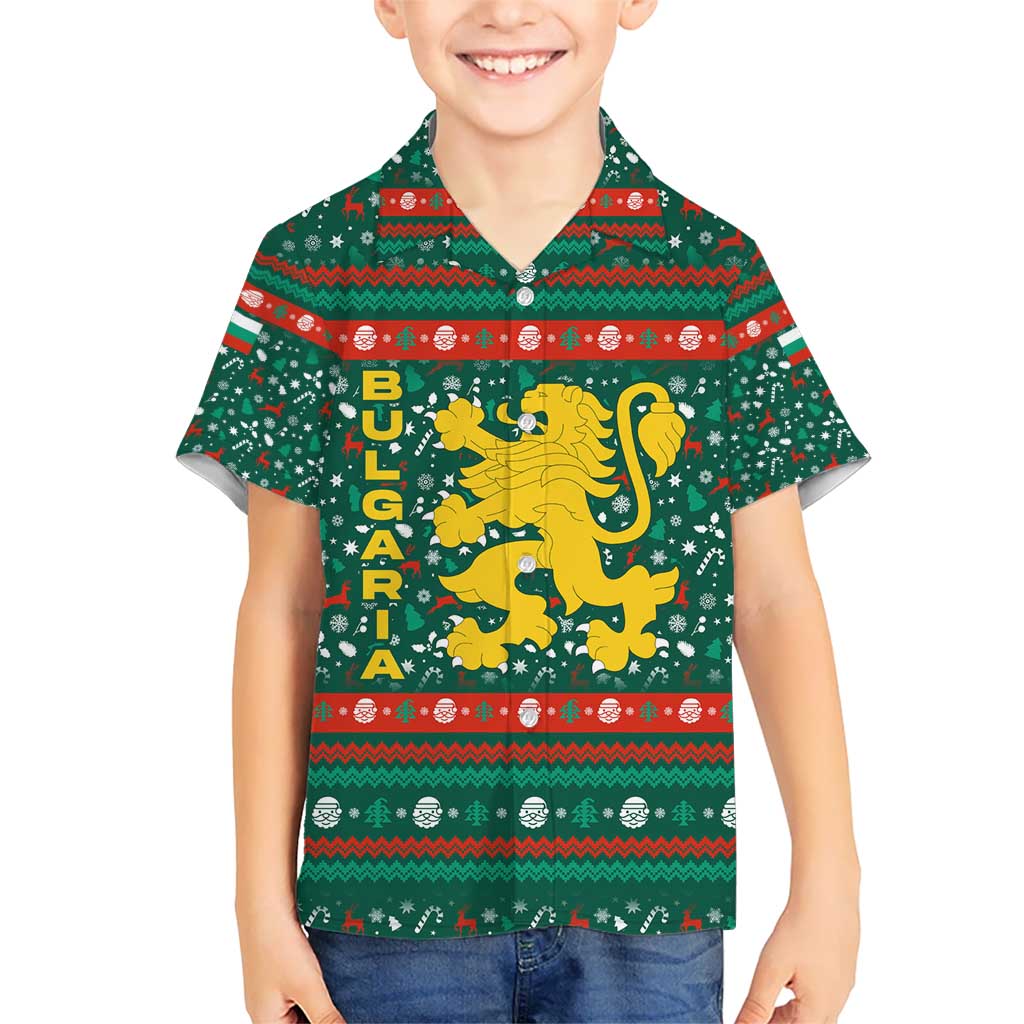 Bulgaria Christmas Kid Hawaiian Shirt with Green-Red Theme, Golden Lion, and Santa Sleigh Motif - Wonder Print Shop