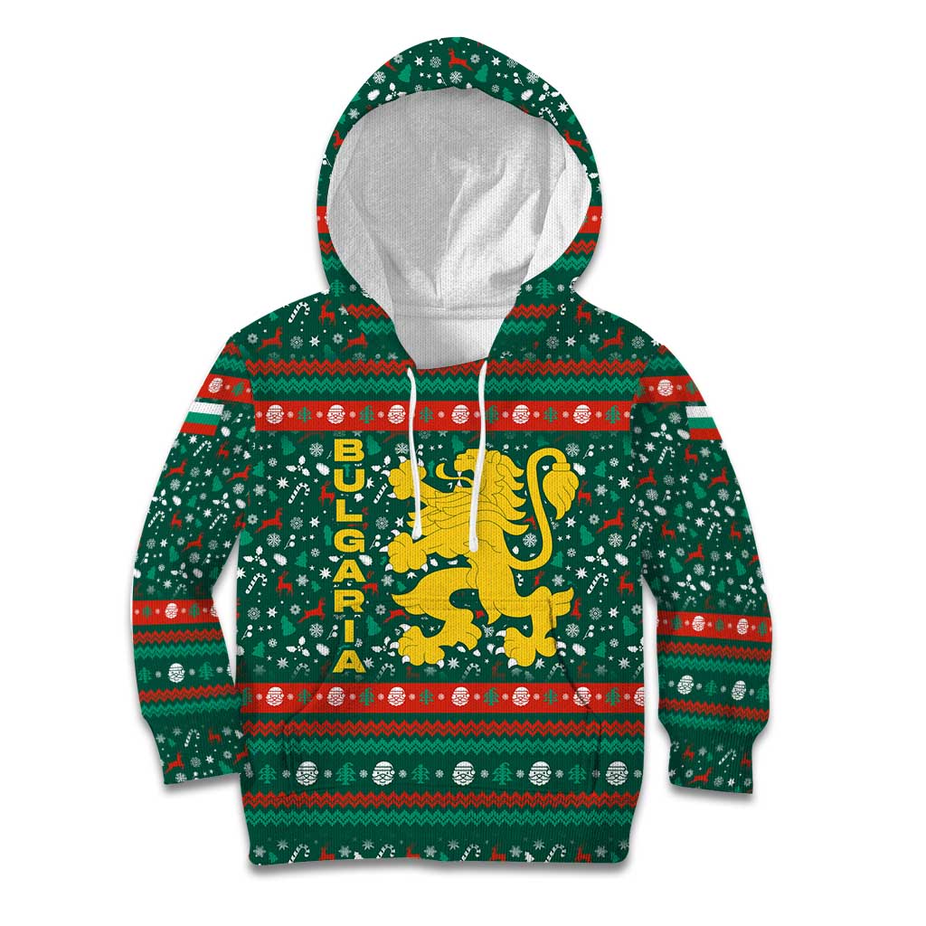 Bulgaria Christmas Kid Hoodie with Green-Red Theme, Golden Lion, and Santa Sleigh Motif - Wonder Print Shop