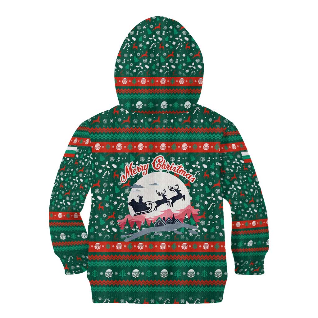 Bulgaria Christmas Kid Hoodie with Green-Red Theme, Golden Lion, and Santa Sleigh Motif - Wonder Print Shop