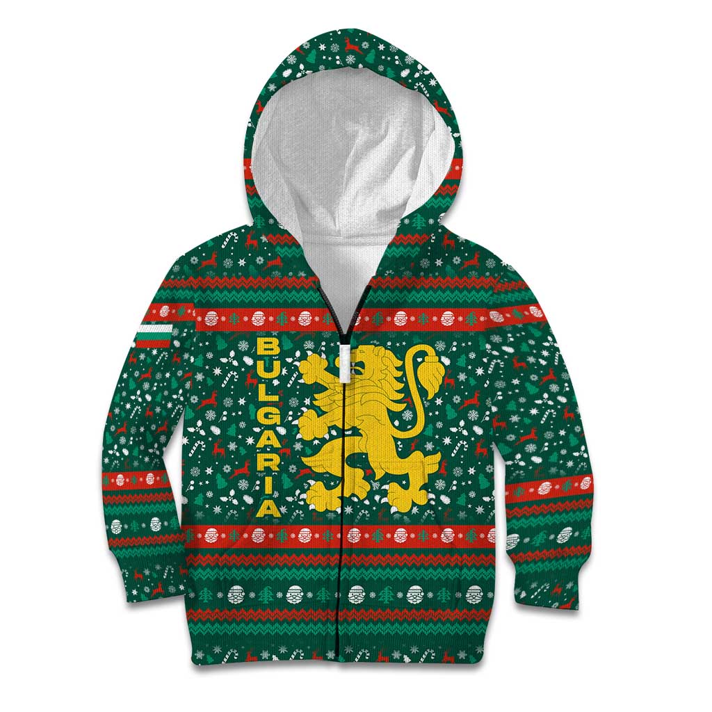 Bulgaria Christmas Kid Hoodie with Green-Red Theme, Golden Lion, and Santa Sleigh Motif - Wonder Print Shop