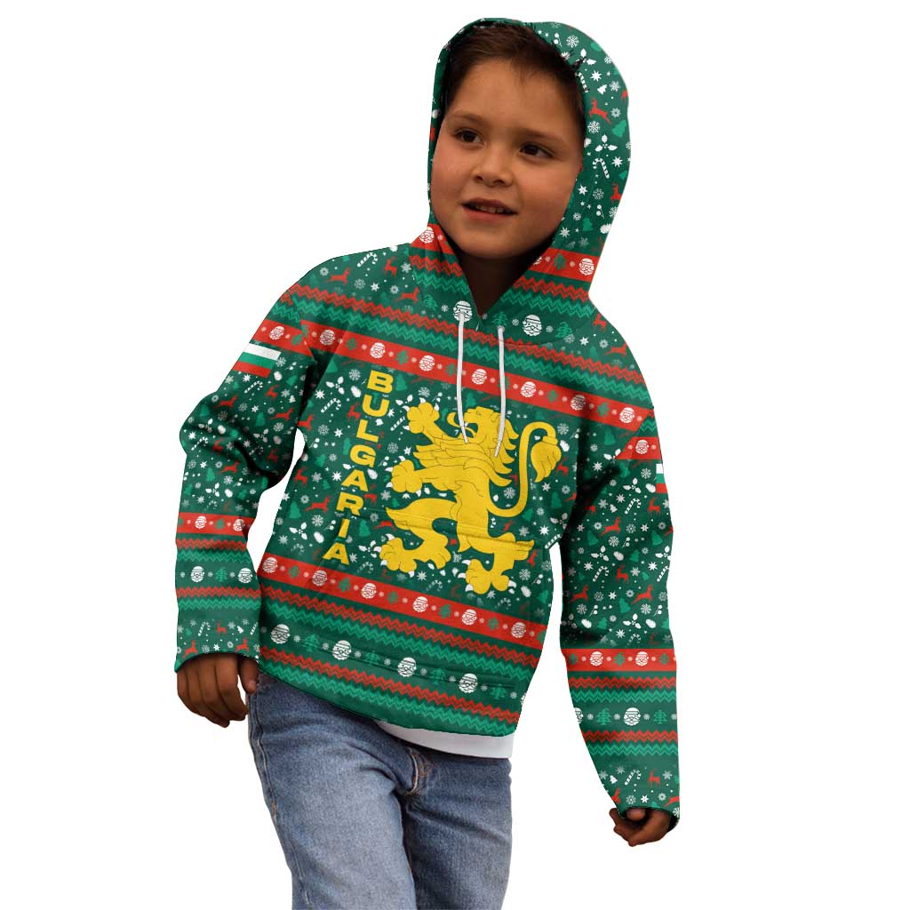 Bulgaria Christmas Kid Hoodie with Green-Red Theme, Golden Lion, and Santa Sleigh Motif - Wonder Print Shop