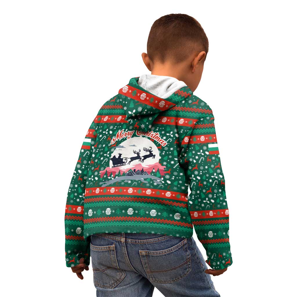 Bulgaria Christmas Kid Hoodie with Green-Red Theme, Golden Lion, and Santa Sleigh Motif - Wonder Print Shop