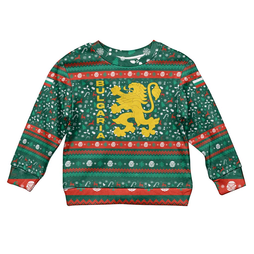 Bulgaria Christmas Kid Ugly Christmas Sweater with Green-Red Theme, Golden Lion, and Santa Sleigh Motif - Wonder Print Shop