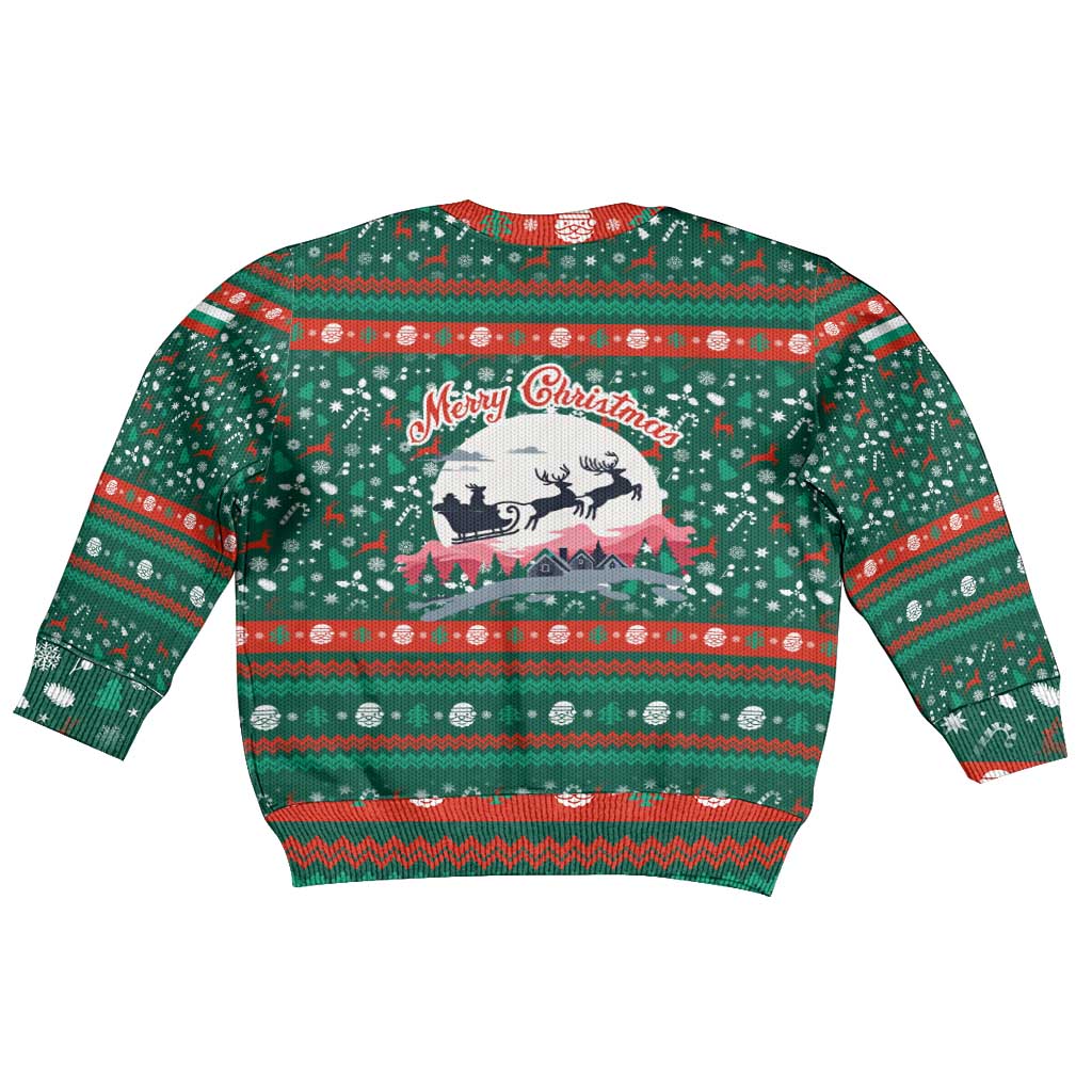 Bulgaria Christmas Kid Ugly Christmas Sweater with Green-Red Theme, Golden Lion, and Santa Sleigh Motif - Wonder Print Shop