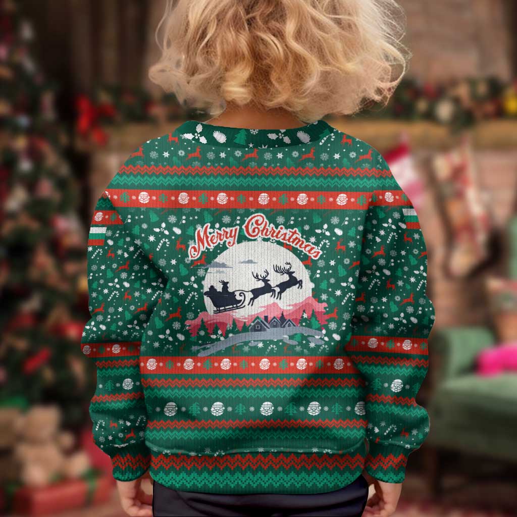 Bulgaria Christmas Kid Ugly Christmas Sweater with Green-Red Theme, Golden Lion, and Santa Sleigh Motif - Wonder Print Shop