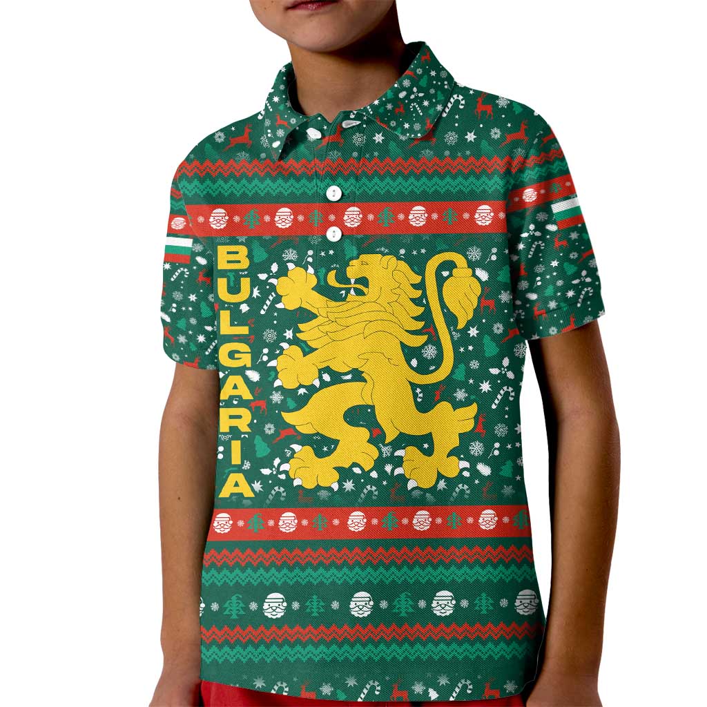 Bulgaria Christmas Kid Polo Shirt with Green-Red Theme, Golden Lion, and Santa Sleigh Motif - Wonder Print Shop