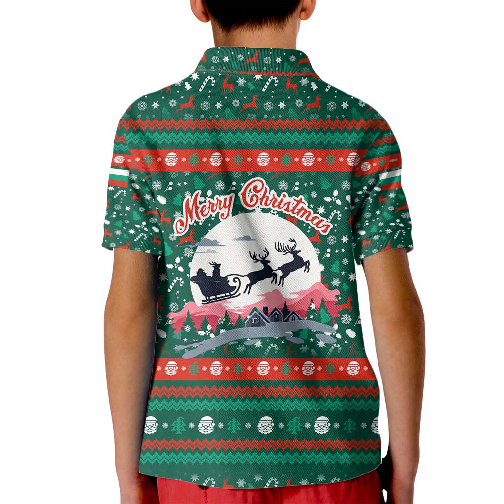 Bulgaria Christmas Kid Polo Shirt with Green-Red Theme, Golden Lion, and Santa Sleigh Motif - Wonder Print Shop