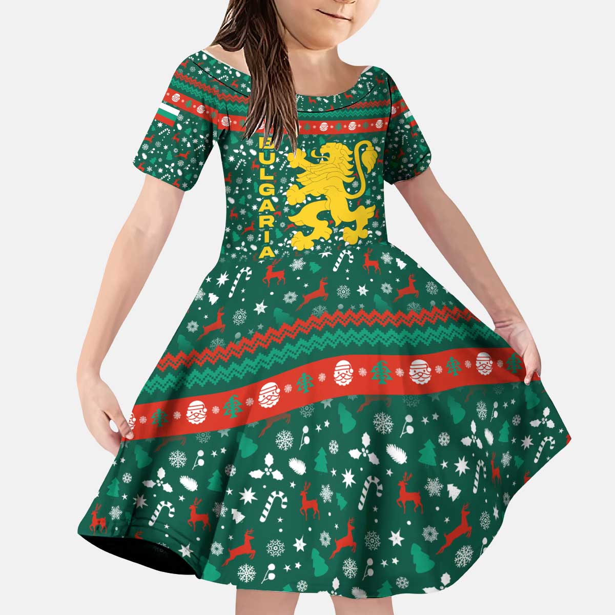 Bulgaria Christmas Kid Short Sleeve Dress with Green-Red Theme, Golden Lion, and Santa Sleigh Motif - Wonder Print Shop
