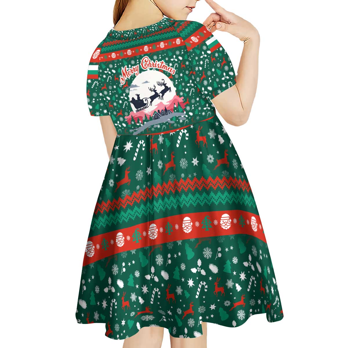 Bulgaria Christmas Kid Short Sleeve Dress with Green-Red Theme, Golden Lion, and Santa Sleigh Motif - Wonder Print Shop