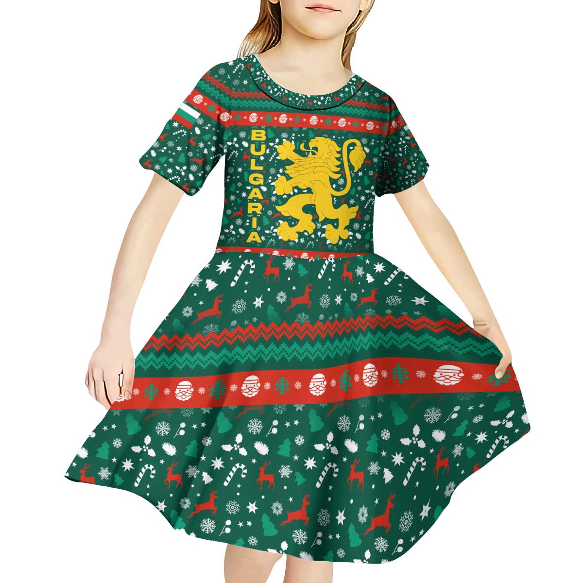 Bulgaria Christmas Kid Short Sleeve Dress with Green-Red Theme, Golden Lion, and Santa Sleigh Motif - Wonder Print Shop