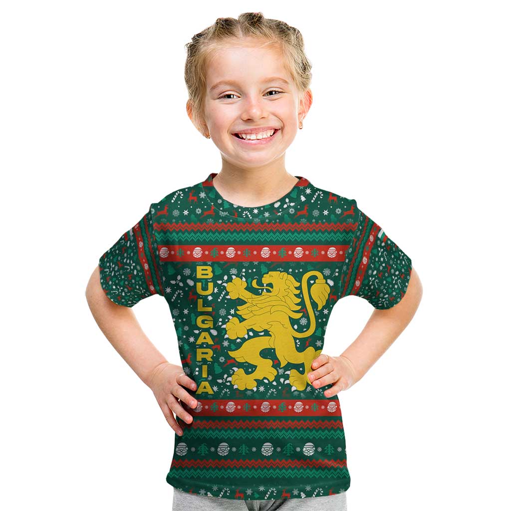 Bulgaria Christmas Kid T Shirt with Green-Red Theme, Golden Lion, and Santa Sleigh Motif - Wonder Print Shop