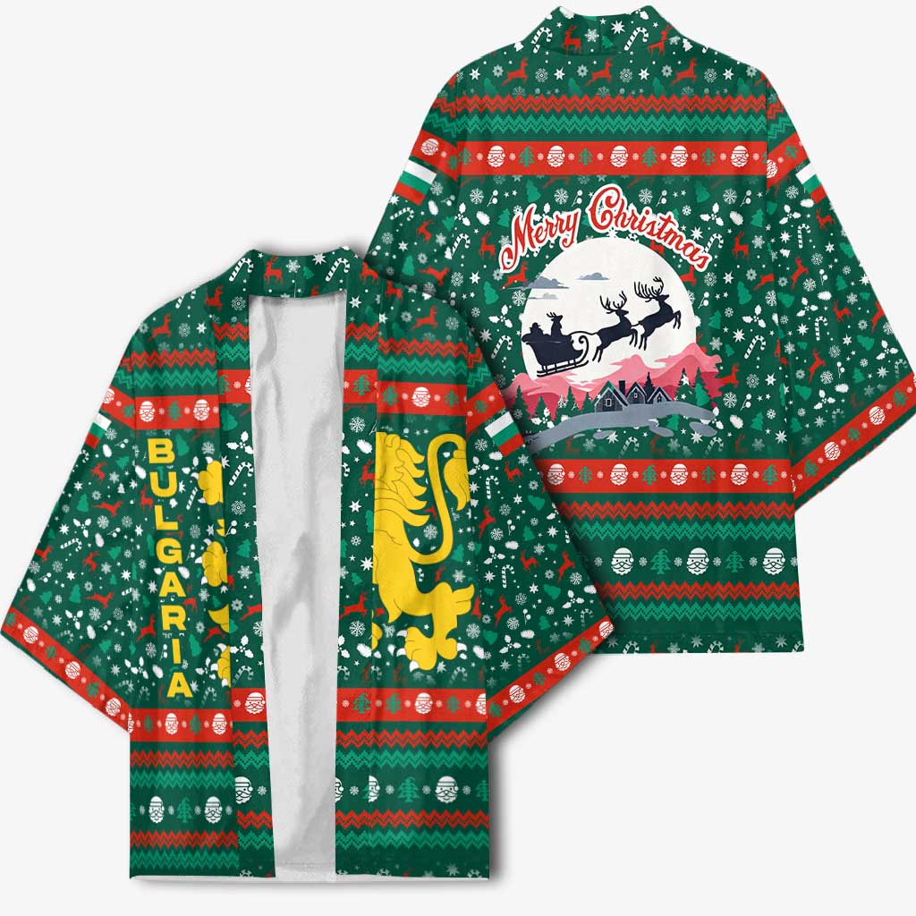 Bulgaria Christmas Kimono with Green-Red Theme, Golden Lion, and Santa Sleigh Motif - Wonder Print Shop