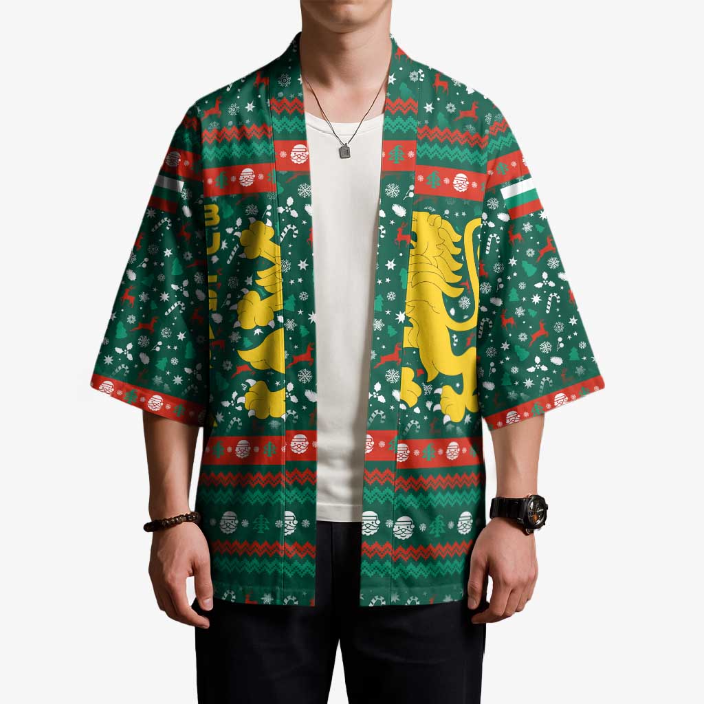 Bulgaria Christmas Kimono with Green-Red Theme, Golden Lion, and Santa Sleigh Motif - Wonder Print Shop