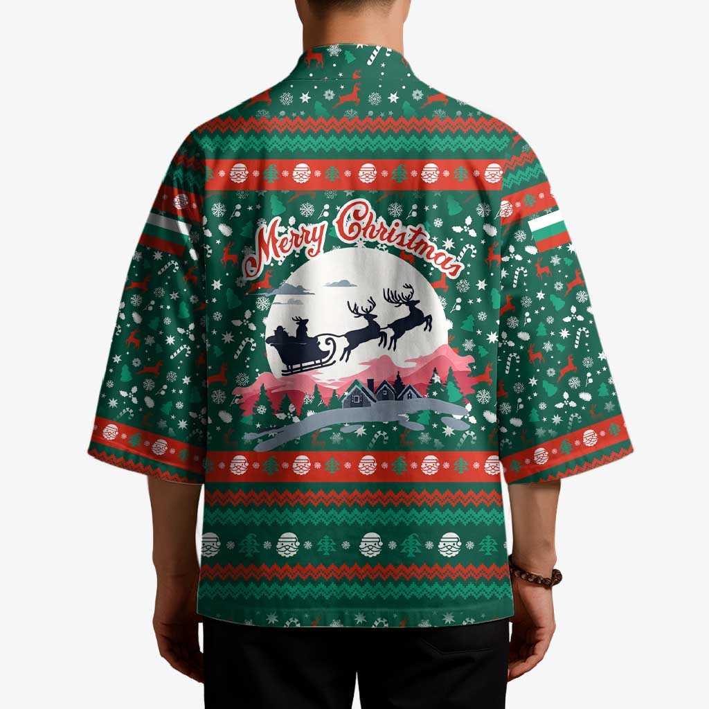 Bulgaria Christmas Kimono with Green-Red Theme, Golden Lion, and Santa Sleigh Motif - Wonder Print Shop