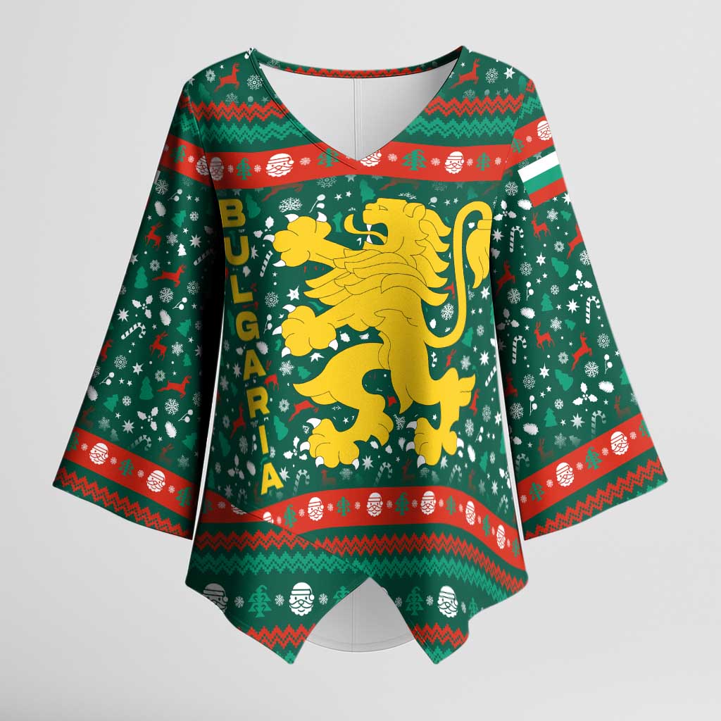 Bulgaria Christmas Kimono Sleeve Blouse with Green-Red Theme, Golden Lion, and Santa Sleigh Motif - Wonder Print Shop