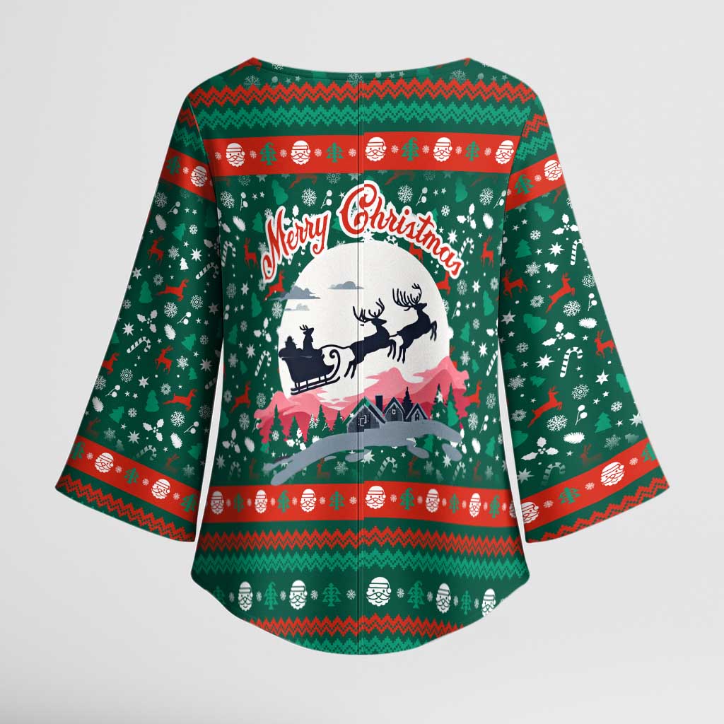 Bulgaria Christmas Kimono Sleeve Blouse with Green-Red Theme, Golden Lion, and Santa Sleigh Motif - Wonder Print Shop