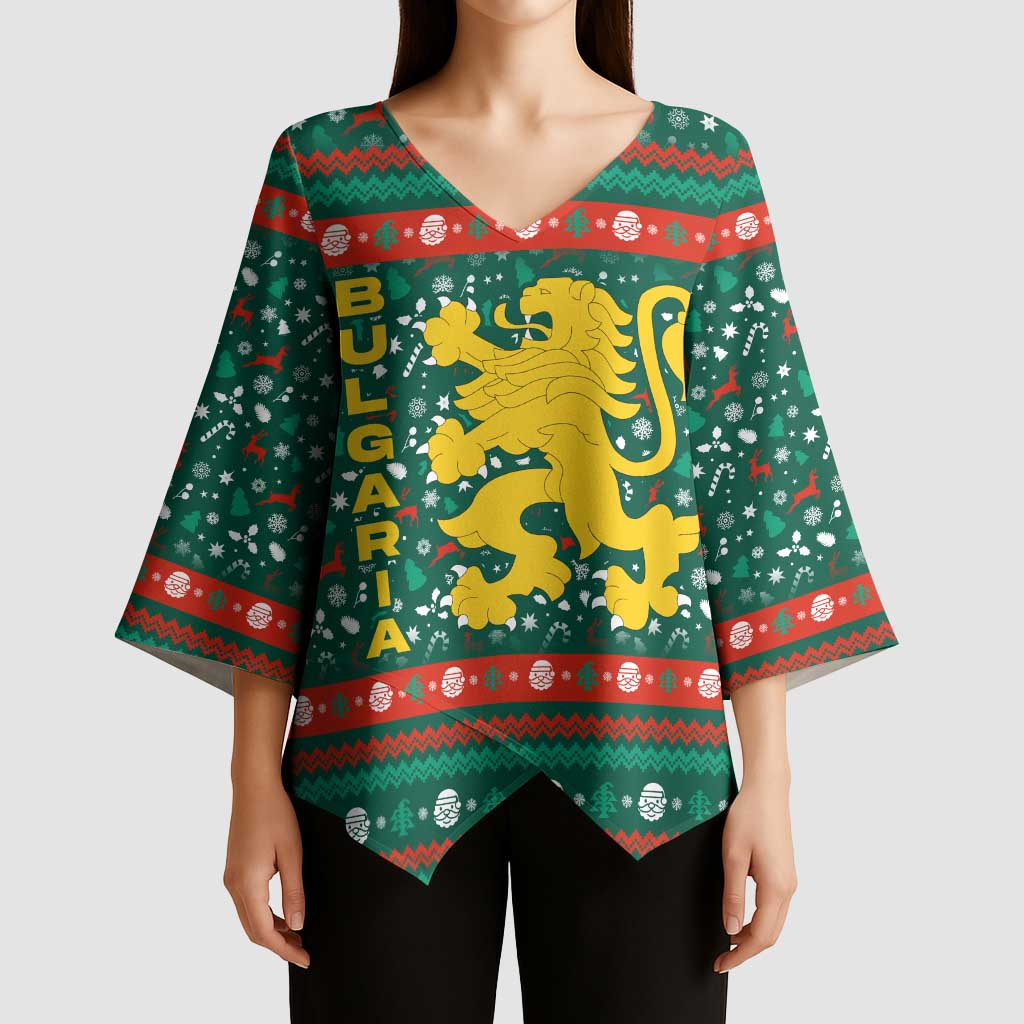 Bulgaria Christmas Kimono Sleeve Blouse with Green-Red Theme, Golden Lion, and Santa Sleigh Motif - Wonder Print Shop