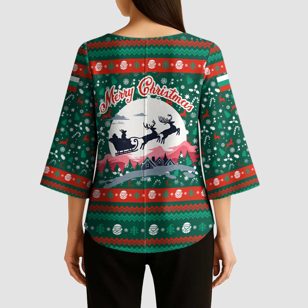 Bulgaria Christmas Kimono Sleeve Blouse with Green-Red Theme, Golden Lion, and Santa Sleigh Motif - Wonder Print Shop