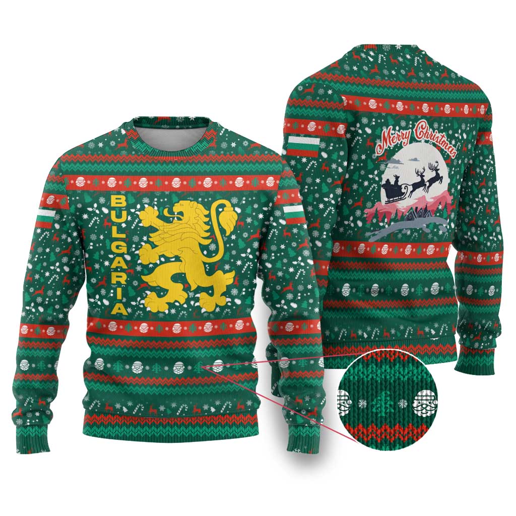 Bulgaria Christmas Ugly Christmas Sweater with Green-Red Theme, Golden Lion, and Santa Sleigh Motif - Wonder Print Shop