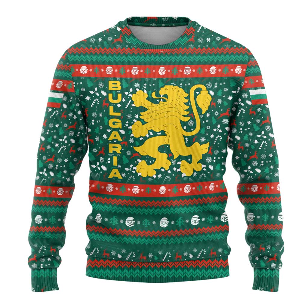 Bulgaria Christmas Ugly Christmas Sweater with Green-Red Theme, Golden Lion, and Santa Sleigh Motif - Wonder Print Shop