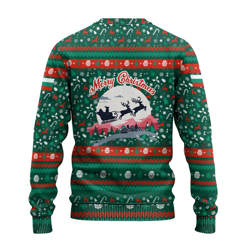 Bulgaria Christmas Ugly Christmas Sweater with Green-Red Theme, Golden Lion, and Santa Sleigh Motif - Wonder Print Shop