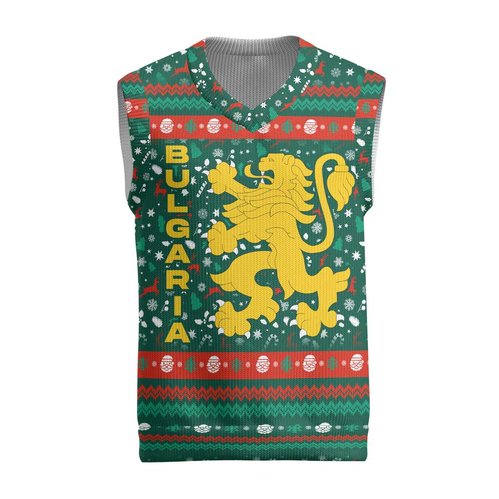 Bulgaria Christmas Knitted V-Neck Vest with Green-Red Theme, Golden Lion, and Santa Sleigh Motif - Wonder Print Shop