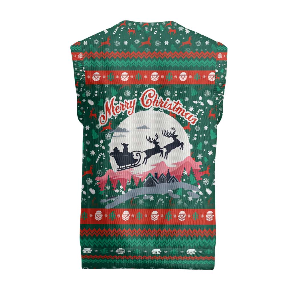 Bulgaria Christmas Knitted V-Neck Vest with Green-Red Theme, Golden Lion, and Santa Sleigh Motif - Wonder Print Shop
