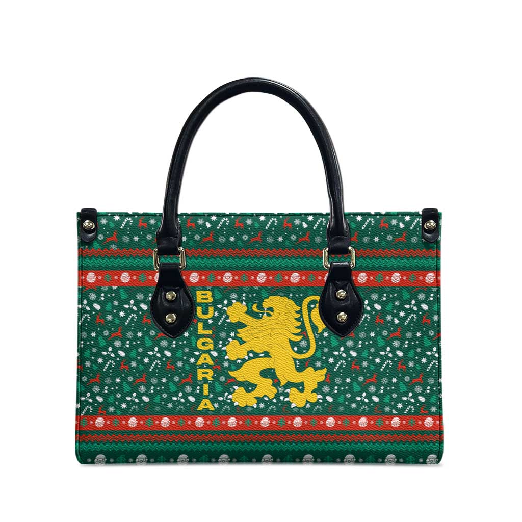 Bulgaria Christmas Leather Bag with Green-Red Theme, Golden Lion, and Santa Sleigh Motif - Wonder Print Shop