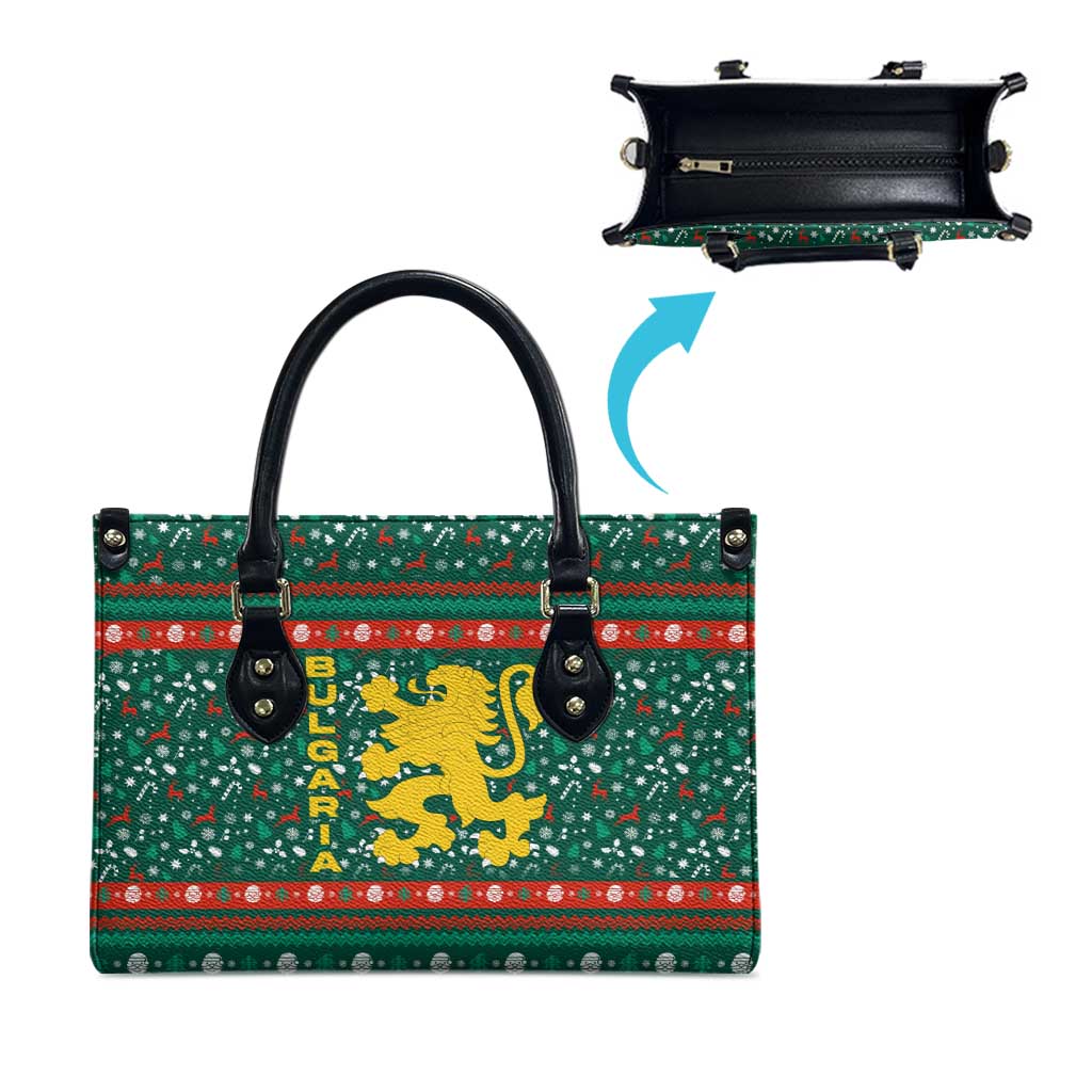 Bulgaria Christmas Leather Bag with Green-Red Theme, Golden Lion, and Santa Sleigh Motif - Wonder Print Shop