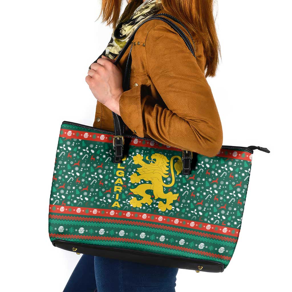 Bulgaria Christmas Leather Tote Bag with Green-Red Theme, Golden Lion, and Santa Sleigh Motif - Wonder Print Shop