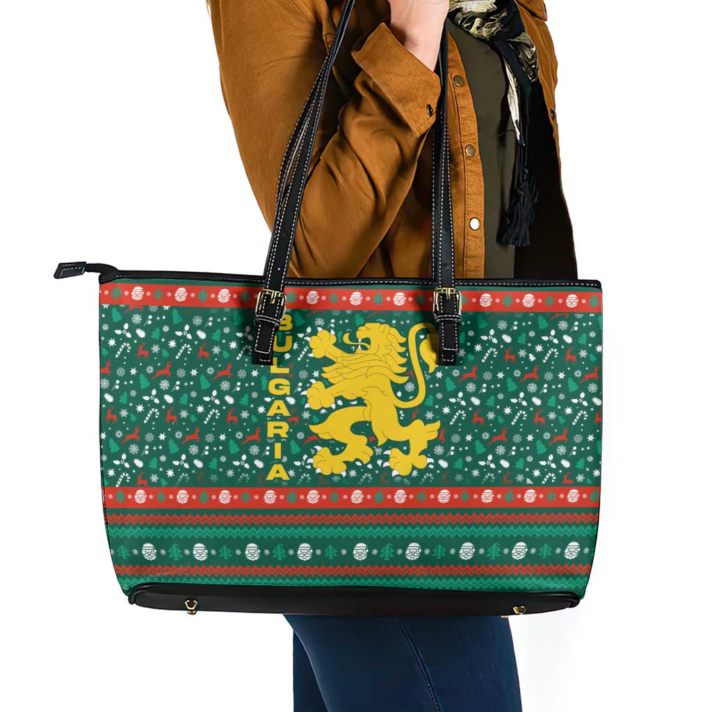 Bulgaria Christmas Leather Tote Bag with Green-Red Theme, Golden Lion, and Santa Sleigh Motif - Wonder Print Shop