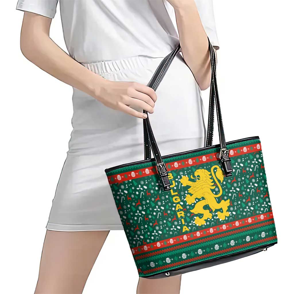Bulgaria Christmas Leather Tote Bag with Green-Red Theme, Golden Lion, and Santa Sleigh Motif - Wonder Print Shop