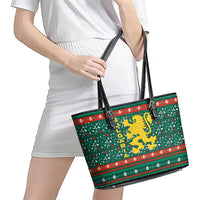 Bulgaria Christmas Leather Tote Bag with Green-Red Theme, Golden Lion, and Santa Sleigh Motif - Wonder Print Shop