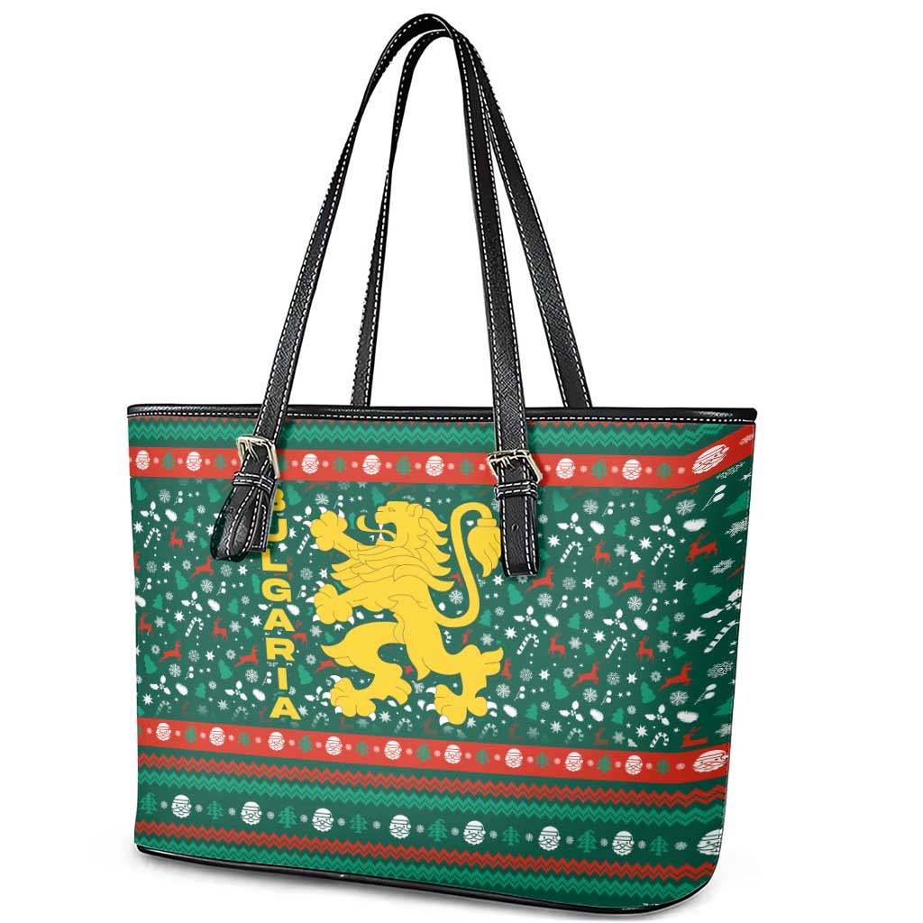 Bulgaria Christmas Leather Tote Bag with Green-Red Theme, Golden Lion, and Santa Sleigh Motif - Wonder Print Shop