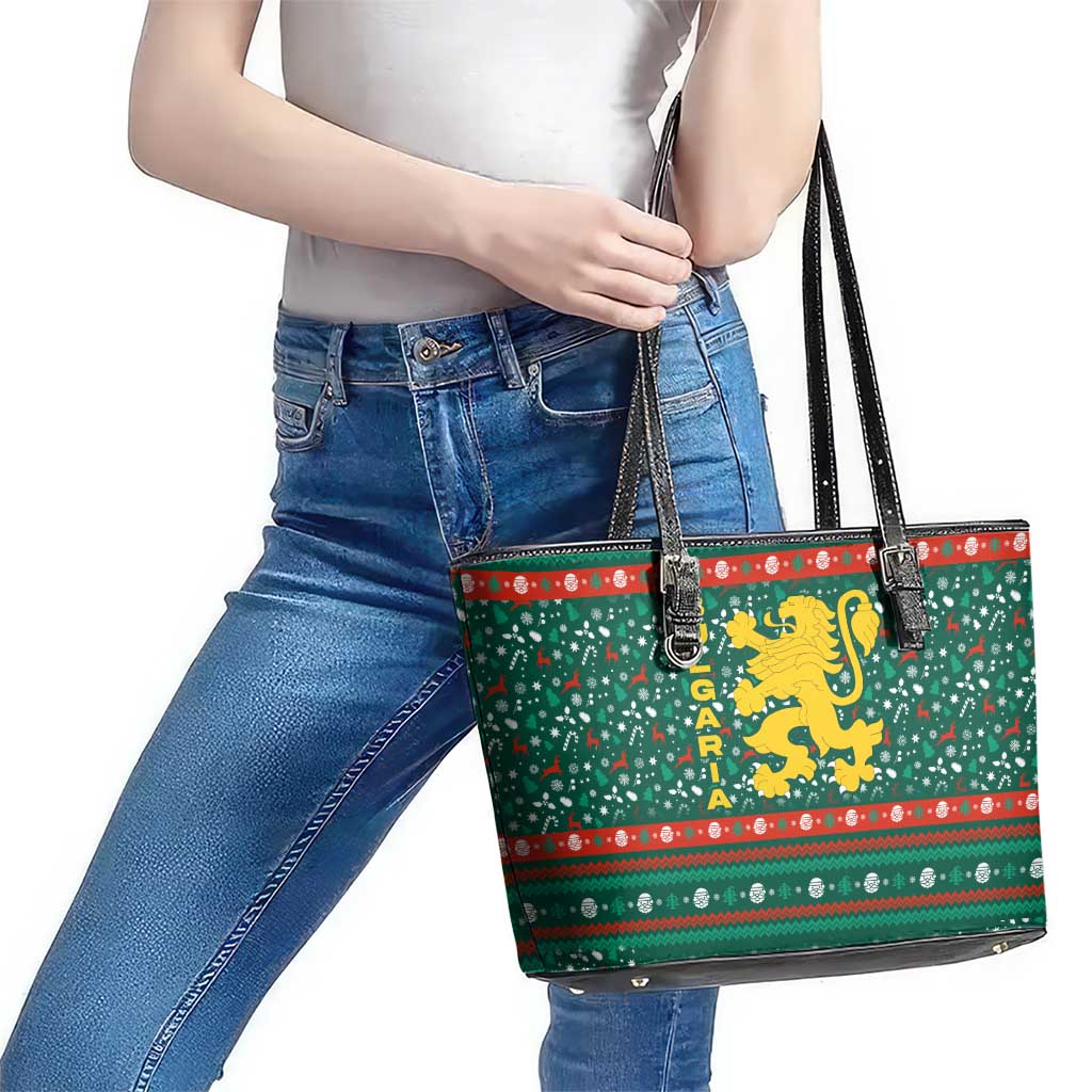 Bulgaria Christmas Leather Tote Bag with Green-Red Theme, Golden Lion, and Santa Sleigh Motif - Wonder Print Shop