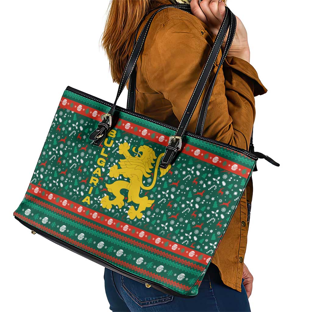 Bulgaria Christmas Leather Tote Bag with Green-Red Theme, Golden Lion, and Santa Sleigh Motif - Wonder Print Shop