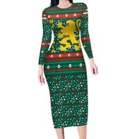 Bulgaria Christmas Long Sleeve Bodycon Dress with Green-Red Theme, Golden Lion, and Santa Sleigh Motif - Wonder Print Shop