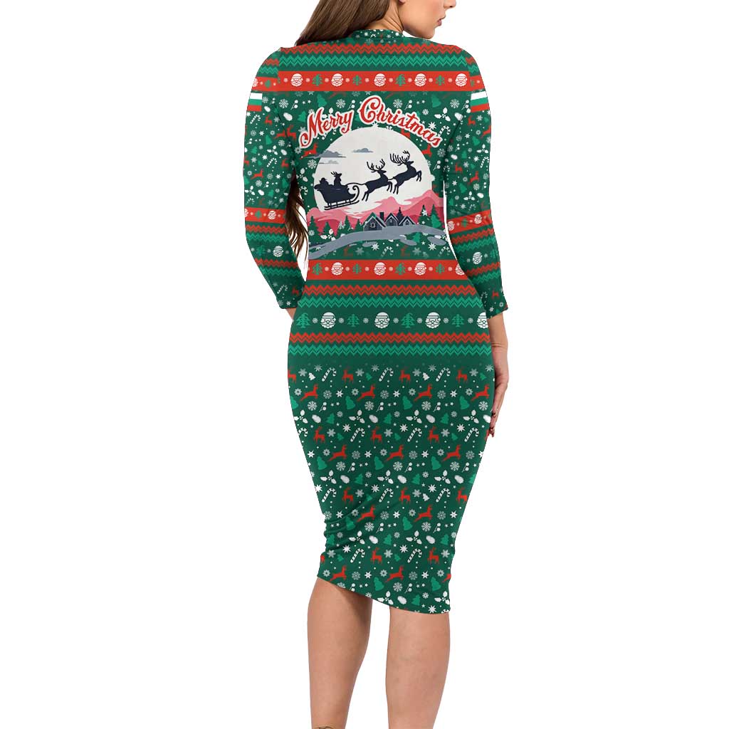 Bulgaria Christmas Long Sleeve Bodycon Dress with Green-Red Theme, Golden Lion, and Santa Sleigh Motif - Wonder Print Shop