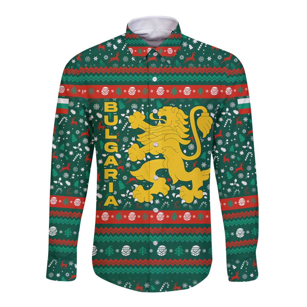 Bulgaria Christmas Long Sleeve Button Shirt with Green-Red Theme, Golden Lion, and Santa Sleigh Motif - Wonder Print Shop