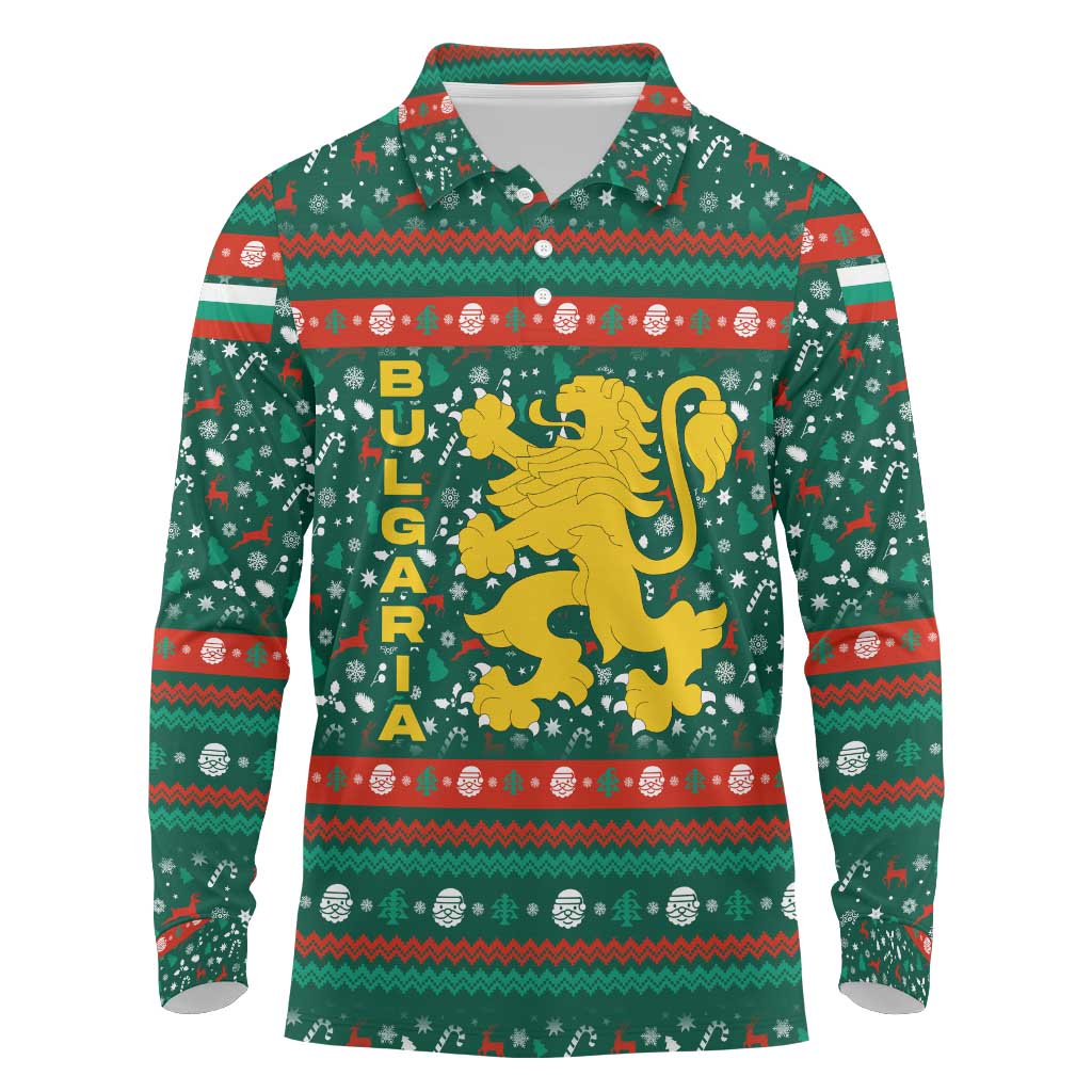 Bulgaria Christmas Long Sleeve Polo Shirt with Green-Red Theme, Golden Lion, and Santa Sleigh Motif - Wonder Print Shop