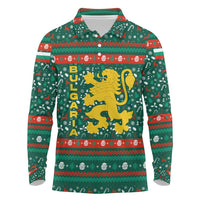 Bulgaria Christmas Long Sleeve Polo Shirt with Green-Red Theme, Golden Lion, and Santa Sleigh Motif - Wonder Print Shop